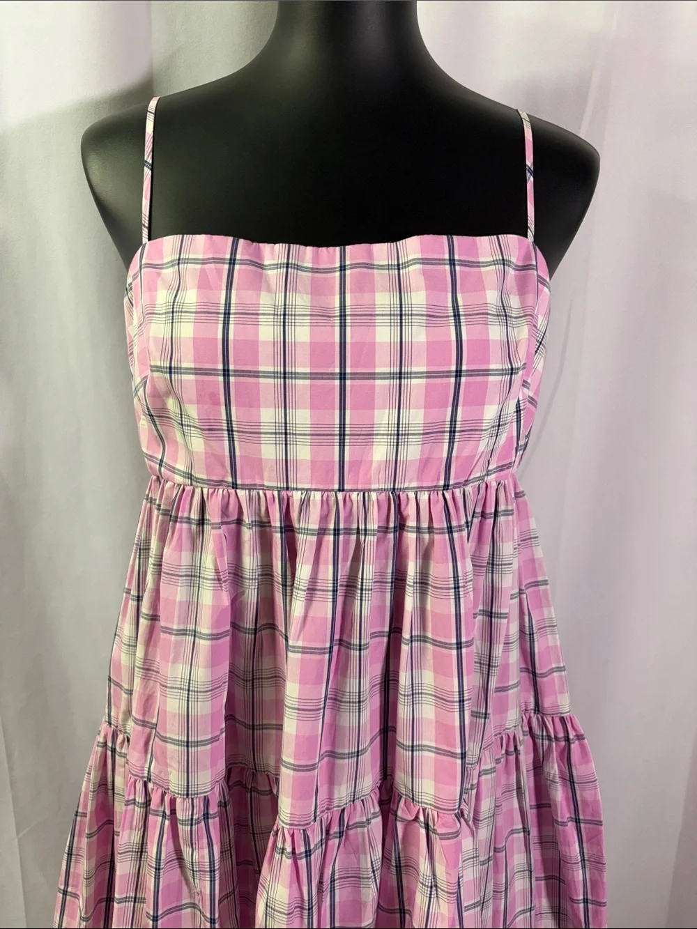NWT J. Crew Pink Plaid Sleeveless Tie Back Tiered Hem Midi Dress